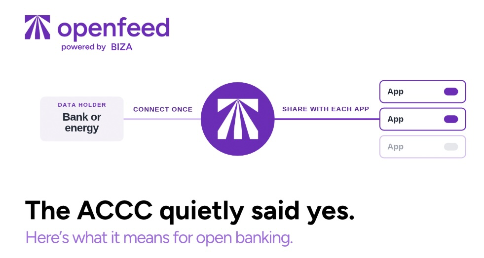 The ACCC quietly said yes. Here's what it means for open banking. A diagram showing a consumer connecting once to their bank or energy data holder, then sharing with each app in a single toggle.