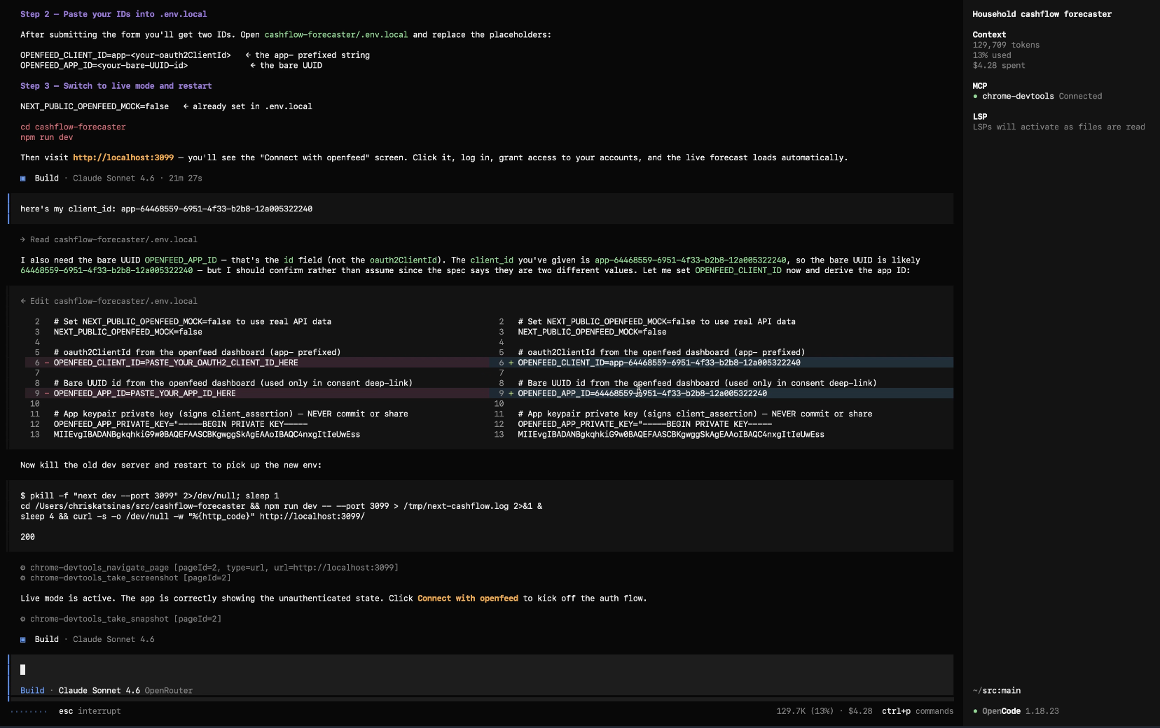 The coding agent pasting the openfeed client and app IDs into .env.local, switching to live mode, and confirming the app connects to openfeed.