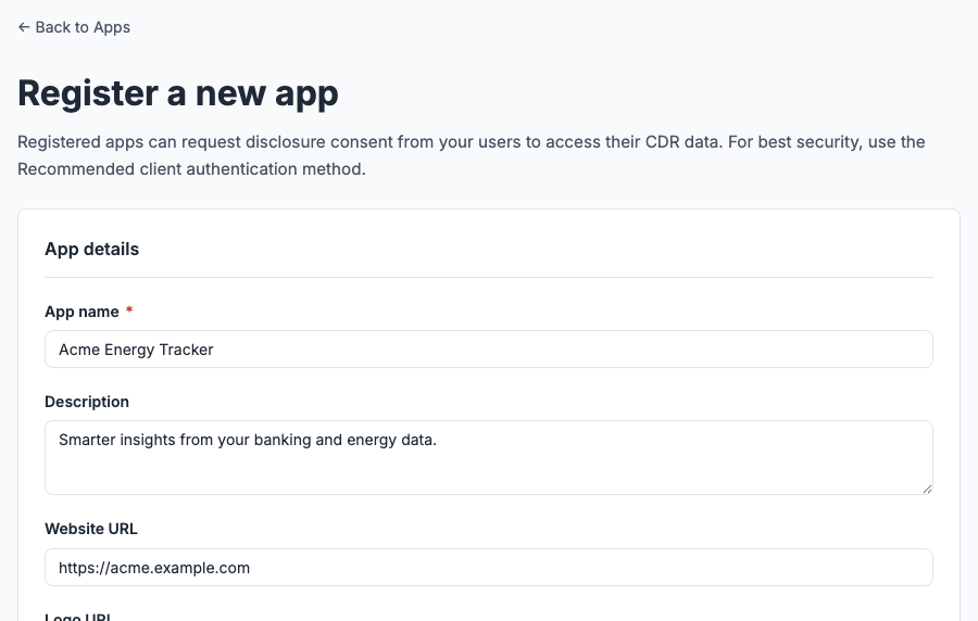 The openfeed register-app screen, showing the App details fields: name, description, website and logo.